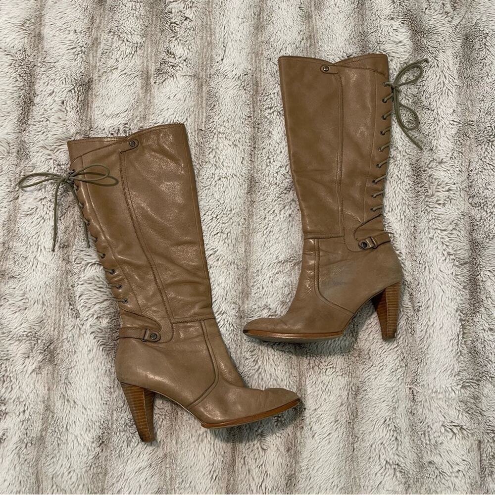 B‎ Makowsky Taupe Leather Lace Up Heeled Boots